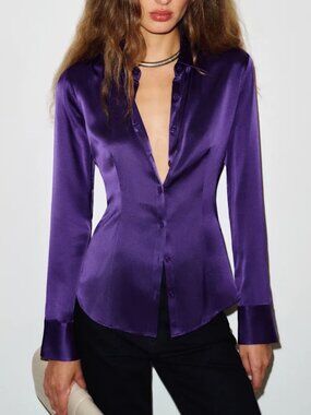 Reformation Raya Fitted Silk Shirt US4 Purple Quiet Lux Classic Minimalist